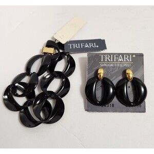 Vintage TRIFARI Black Link Bracelet and Pierced Earring Set - Sweet & Simple